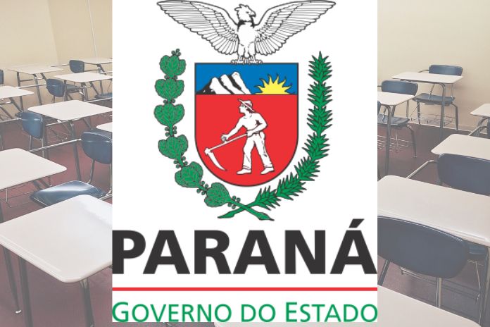 Fundo sala de aula vazia e primeiro plano brasão do estado do Paraná